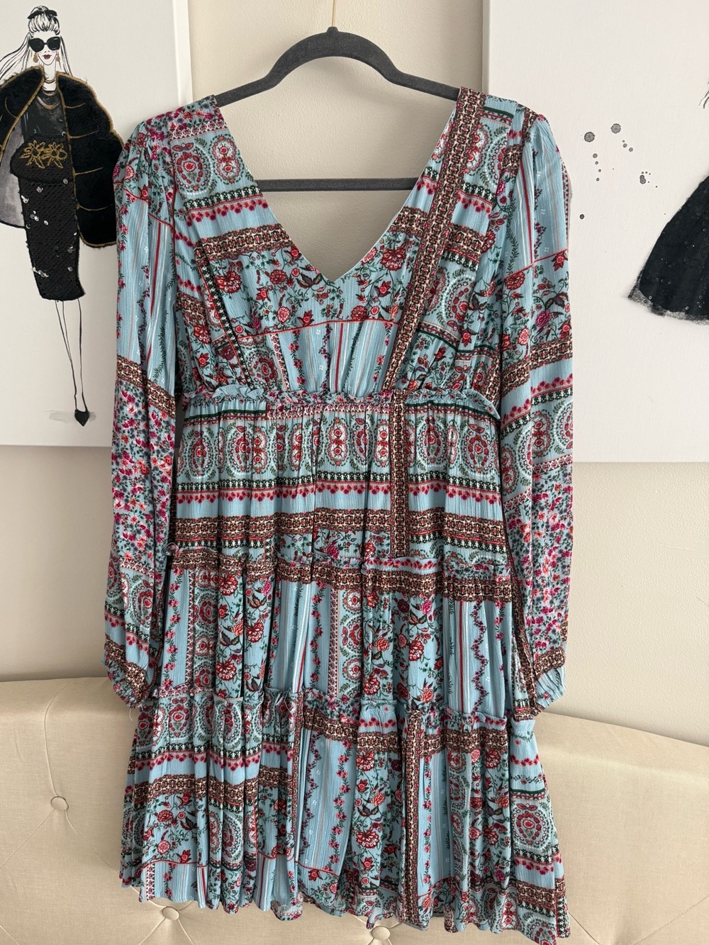 Boho Floral Tiered Long-Sleeve Dress in Light Blue